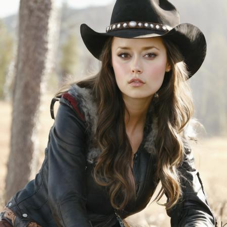 summer_glau, <lora:SummerGlauXL:1>,long hair, leather pants, hat, jacket, boots, horns, high heels, fur trim, realistic, hand on own chin, cowboy hat, cowboy western, cowboy boots, ((sharp face, detailed face, realistic face, naturtal skin, realistic skin, detailed skin, pores)), ((perfect eyes, detailed eyes,realistic eyes))