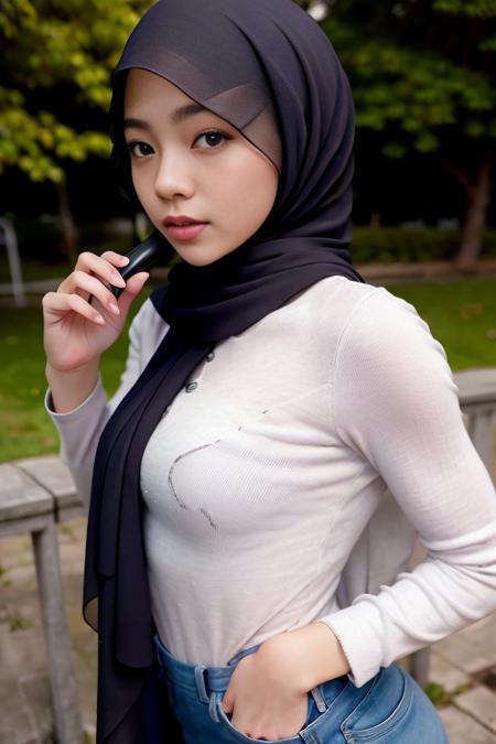 beautiful girl babe in hijab,shirt, long sleeves, wet clothes, RAW photo, (photorealistic:1.37, realistic), highly detailed CG unified 8K wallpapers, 8k uhd, dslr, soft lighting, high quality, film grain, Fujifilm XT3, (full body:0.9) (professional lighting:1.6)  <lora:oklinfa:1>