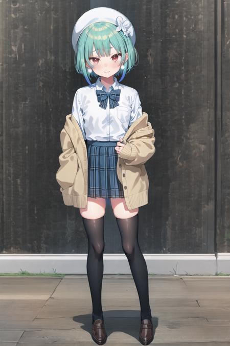 shortrushia, masterpiece, best quality,, standing,blue bow,  bow, red eyes, green hair, shorthair, white beret, cardigan, white hat, plaid, school uniform, shirt, solo,  1girl, bangs, blue bowtie, blush, bowtie, collared shirt, eyebrows visible through hair, plaid, plaid bow, plaid bowtie, plaid neckwear, portrait, white shirt, thighhighs, full body,