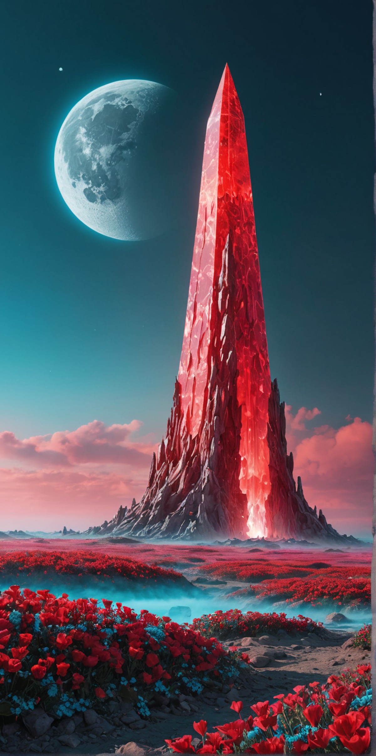 (8k digital photography:1.2)
an gigantic red crystal glass tower in an alien strange landscape surrounded by bright flower...