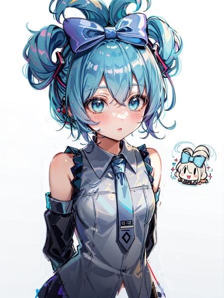 1girl, (solo), Cinnamiku, blue hair, blue eyes, hair rings, hair bow, blue bow, black sleeves, bare shoulders, blue necktie, wide sleeves, collared shirt, detached sleeves, black sleeves, necktie, blue necktie, frilled collar, cute, ((hair_behind_ear)), (chibi_style:1.25), arms behind back, <lora:Cinnamiku-07:0.85>, (background transparency), <lora:epiNoiseoffset_v2:1.25>