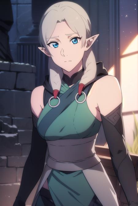 fymryn, blue eyes, grey hair, pointy ears, braid, hair braid, elf, bare shoulders, boots, detached sleeves, bare shoulders, sleeveless, pants, sash, toeless legwear, green dress,