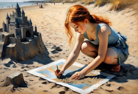 Charcoal and chalk drawings. colorful, sketch, chiaroscuro, darkness,
mail art, Impressionism masterpiece , visible brush strokes, , oil on canvas, fairytale, art on a cracked paper, ,dynamic poster, close up cute ginger-haired girl playing making a sandcastle on a overcrowded sunny beach airy, impressionist lighting, dynamic poses, light on faces, shadow play, perfect faces, sharp eyes, by Egdar Degas, Pierre-Auguste Renoir, Mary Cassatt, Nicoletta Ceccoli, Omar Rayyan, James Jean, Craola, Andy Kehoe, storybook illustration, highly detailed unusual beautiful details, intricated, intricated pose, tiny details masterpiece, high quality, intricated lighting, luminism