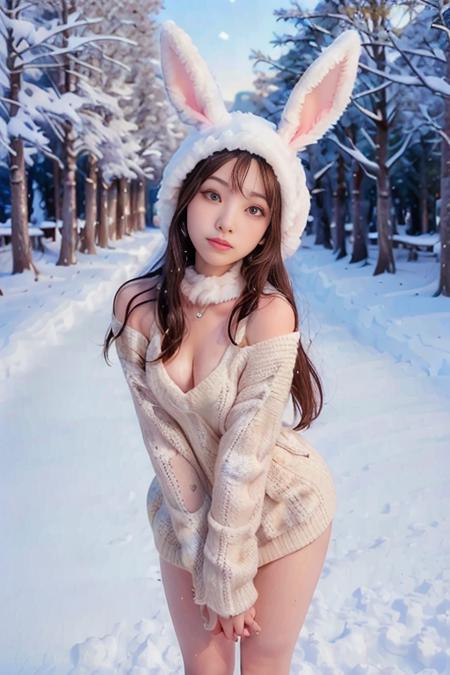 a woman, (wearing oversized_sweater, bunny_ears_hat:1.3),
good hand,4k, high-res, masterpiece, best quality, head:1.3,((Hasselblad photography)), finely detailed skin, sharp focus, (cinematic lighting), soft lighting, dynamic angle, [:(detailed face:1.2):0.2], medium breasts,(((standing in the snow))), <lora:betterCuteAsian03:0.3>,   <lora:oversized_sweater:0.5>, <lora:bunny_ears_hat:0.5>