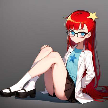 ((masterpiece, best quality)),(complex lighting), solo, full body, 1girl, Susan test, labcoat, blue eyes, glasses, red hair, long hair,<lora:susanTest1-10:0.8>,pastel blue shirt, yellow star-shaped hair clip,white socks, black skirt, Mary Jane shoes, square glasses