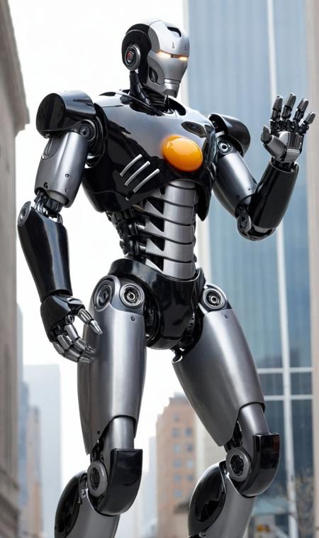 a black and grey robotic [cyborg|ironman] in a big city  <lora:!action-sdxl-V0.5:1> zdyna_pose,  <lora:ral-friedegg-sdxl:1> ral-friedegg