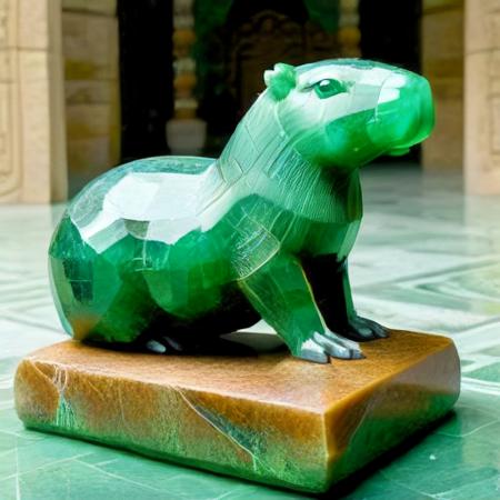 <lora:EmeraldMorph:1>, emeraldmorph, <lora:capybara:0.75>, An emerald idol in the shape of a capybara, regal pose, on a carved stone alter in a South American temple,