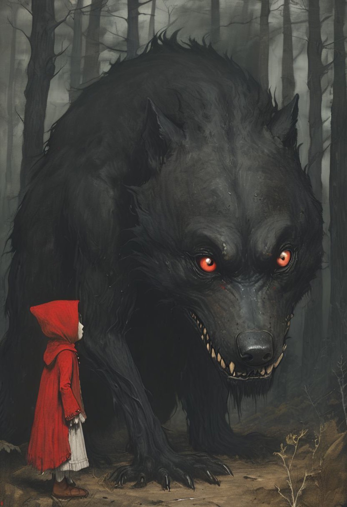 Little Red Riding Hood meeting big black wolf in dark forest