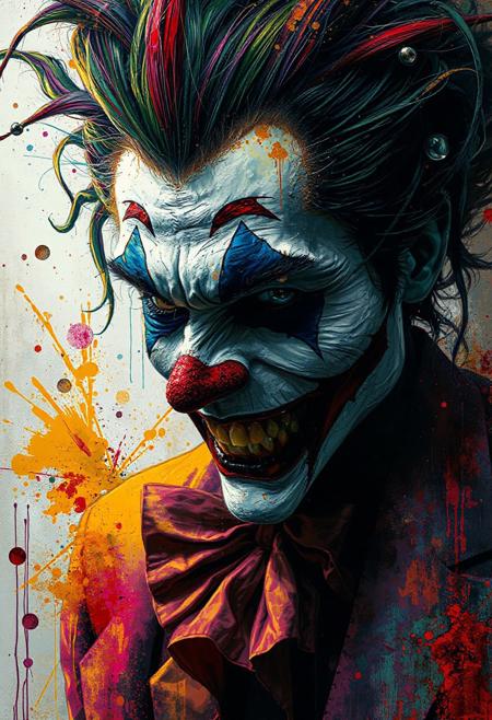 Beautiful portrait of a mystical joker, by Minjae Lee and Don Marco. Styled by Russ Mills. Explosive expressive colors, powerful, impactful, Yossi Kottler surrealism.
