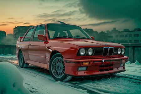 analog gloomy (close up shot) photo of a (red BMW E30 car, <lora:bmwe30:1>), ((speeding in an abandoned city (at midnight))), ((decayed apartment buildings in the background)), ((snow)), (horror movie), ((nighttime)), (midnight), ruins, claustrophobic, High Detail, Sharp focus, ((photorealism)), ((realistic)), best quality, 8k, award winning, dramatic lighting, epic, cinematic, masterpiece, backlit, contrejour, rim light, ambient fog:1.4, dutch angle, depth of field, volumetric lights,