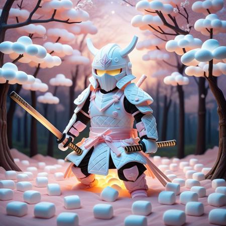 A futuristic samurai clad in armor inspired by the soft, fluffy textures of marshmallows. The segmented armor exudes a gentle, pillowy glow, each plate resembling the smooth surface of delicately sculpted marshmallows. The helmet, a masterpiece of marshmallow-like panels, radiates a soft pastel light, echoing the serene dreaminess of a whimsical battlefield.
The dual katanas, crafted from marshmallow-inspired materials, shimmer with a subtle, glowing gradient, their edges rippling with soft, pastel hues. The gauntlets, pauldrons, shin guards, and segmented thigh guards are intricately adorned with smooth, marshmallow-like patterns, combining elegance with an otherworldly charm. The armor’s rounded, fluffy design reflects the delicacy and creativity of marshmallow craftsmanship.
The samurai strikes a dynamic battle pose, crossing the glowing katanas in front of a surreal, dreamlike Tokyo backdrop. The trees are formed from marshmallow branches, their soft forms glowing gently, while the night sky features clouds of pastel tones resembling marshmallow swirls. With a gentle, dreamy ambiance and ethereal lighting, the scene highlights the samurai’s striking stance, blending the grace of traditional design with the soft allure of marshmallow-inspired textures.