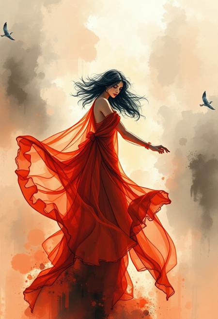 Warm hand-drawn color sketchnote, ethereal high-fashion photography meets fantasy painting, soft-focus black and white, dramatic lighting, flowing elegant figures in a misty setting, painterly textures, surreal storytelling, reds, oranges, yellows.