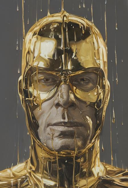Surrealist, Darth Vader helmet made of solid gold, dripping with melting gold, intricate, elegant, photorealistic, studio lighting, gray background