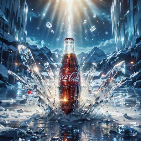 kekokelev2,a bottle of coca cola is exploding ice crystals into the air and creating a splash of water on the floor,no humans,ice,bottle,scenery,crystal,coca-cola,
Best quality,masterpiece,ultra high res,<lora:20231217-1702820058385-0020:0.7>,