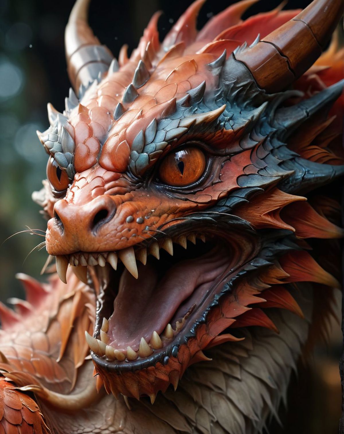 A close-up of a red and blue dragon with sharp teeth and a menacing expression.