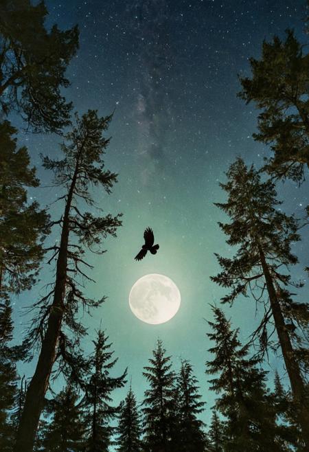 from below, forest with tall trees, night time, moonlight, starry sky in the background, In the center of the image, there is a crow flying through the air, with its wings spread wide, mid-flight, moon rays shining through the trees, casting a unsettling glow on the scene, The overall mood of the illustration is peaceful and serene, complex, elegant, expansive, fantastical, film photography style, heavy grain
