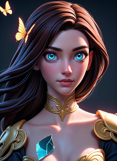 8k portrait of beautiful cyborg with brown hair, intricate, elegant, highly detailed, majestic, digital photography, art by artgerm and ruan jia and greg rutkowski surreal painting gold butterfly filigree, broken glass, (masterpiece, sidelighting, finely detailed beautiful eyes: 1.2), hdr,