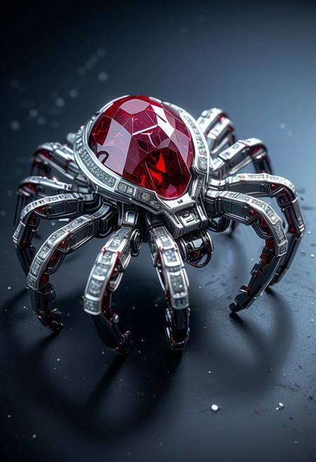 SilverPulse, mechanical spider, ruby and diamonds,  intricate, hyper-detailed, professional photoshoot, ultra-sharp, vivid colors, dark lighting, 50mm lens,