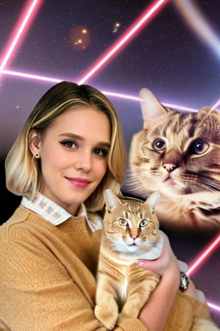 Professional photograph of <lora:GaiaWeiss-1599-byMal:0.8> GW Woman, blonde hair, meme, 1girl, holding cat, laser background, cat images in the background, cowboy shot, <lora:Meme_AwkwardCatPhoto:0.9>, highest quality, 4k, 8k, masterpiece, absurdres, bokeh.