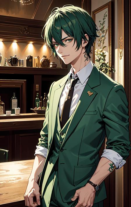 (anime), (illustration), cartoon, detailed, (dark shot:1.1), epic realistic, Guy, green hair, mafia, tattoos, standing in a bar, in a tuxedo, detailed face, smirk,, faded, (neutral colors:1.2), (hdr:1.4), (muted colors:1.2), hyperdetailed, (artstation:1.4), cinematic, warm lights, dramatic light, (intricate details:1.1), complex background, (rutkowski:0.66), (teal and orange:0.4), (intricate details:0.9), (hdr, hyperdetailed:1.2)