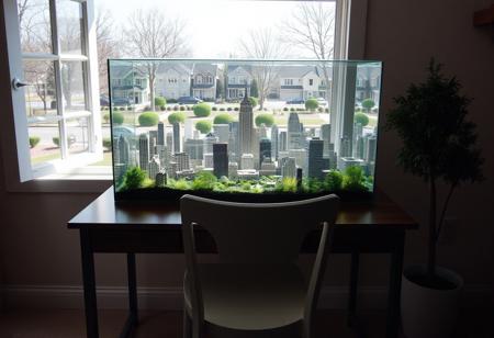 A large bustling city is in a glass aquarium on a desk with an empty chair pushed in under the desk.  The desk is in front of an open window.  A suburban yard with ornamental trees and a street with houses across the street can be seen out the window.