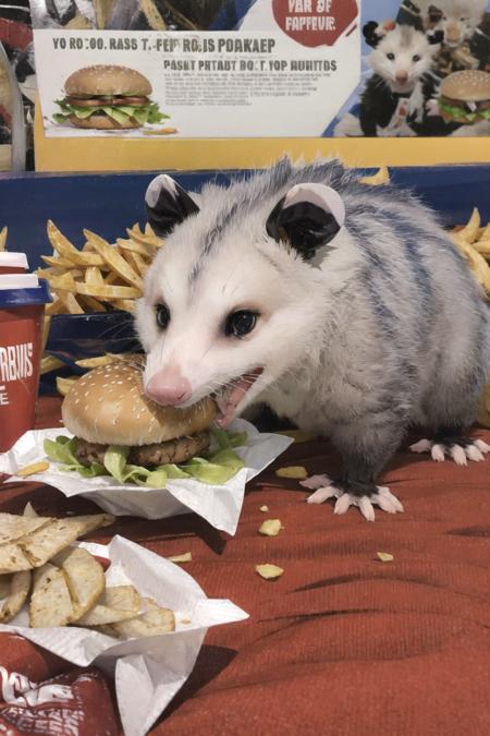 masterpiece, best quality, highres,solo, opossum <lora:opossum:0.8>
eat potato chips, fastfood,hamburger steak,