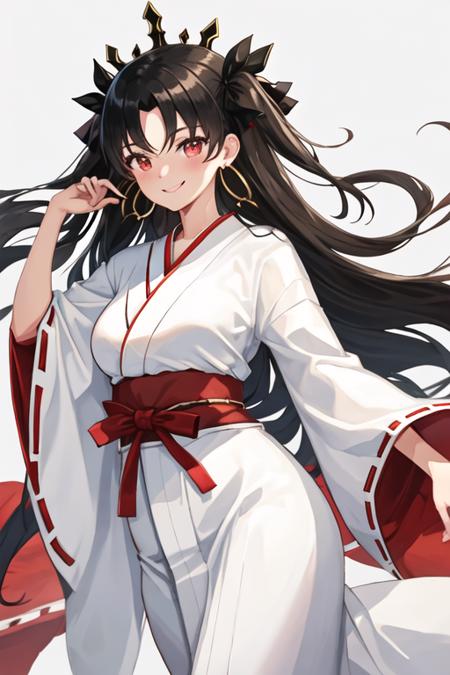 best quality, masterpiece, highres, solo, {white kimono:1.35}, {red hakama:1.35}, {wide sleeves:1.20}, {ishtar_fgo:1.15}, long_hair, black_hair, two_side_up, red_eyes, jewelry, earrings, hoop_earrings, bangs, breasts, smile, ribbon, medium_breasts, parted_bangs, hair_ribbon, blush, hair_bow