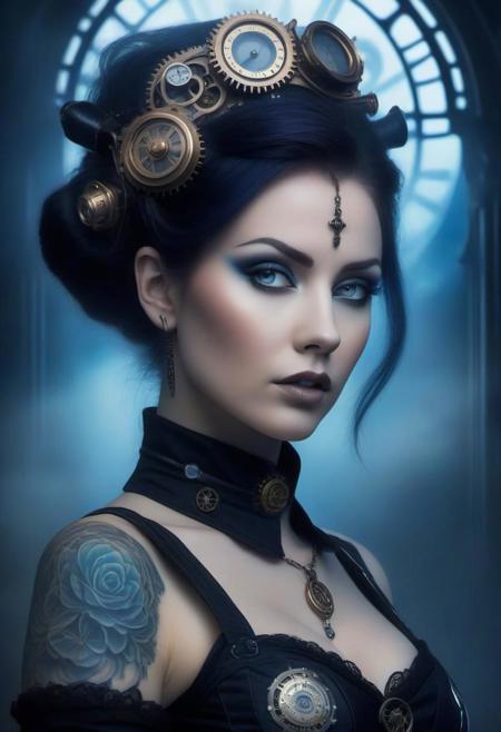 Woman steampunk and gothic with fine high tech skin details, detailed face tattooed, background is Harmony in Music, sf, intricate artwork masterpiece, blue and white pastel ratio, , fog ambiance, ominous, , matte painting movie poster, Intricate, Complex contrast, HDR, Sharp, soft Cinematic Volumetric lighting, flowery pastel colours, wide long shot, perfect masterpiece,by Anne Stokes and Phil Koch,