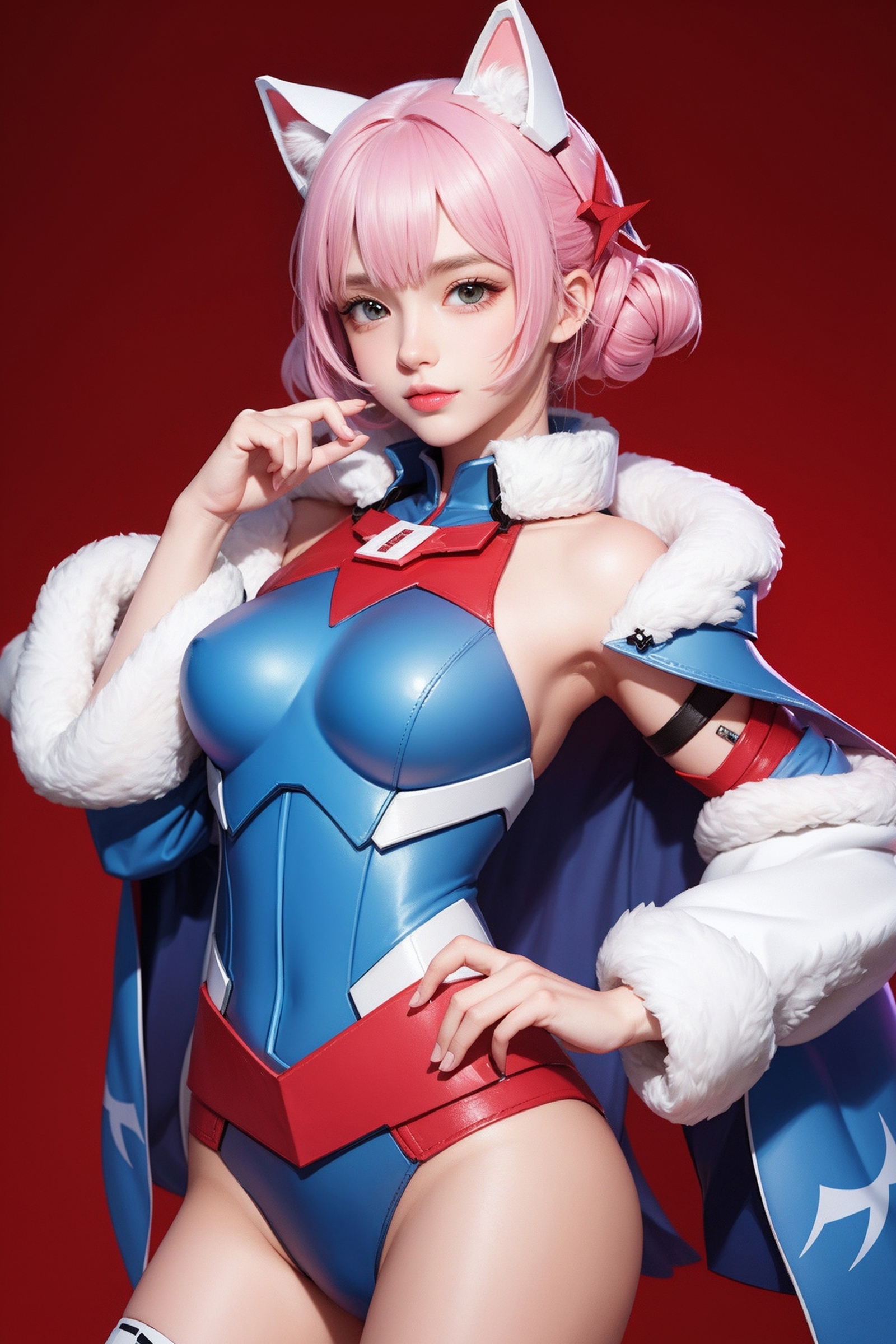 Anime Character with Pink Hair, Blue and Red Costume, and White Fur.
