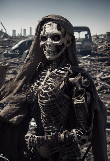 80's dark sci-fi movie scenes, red led eyes, chrome, glittering metal cyborg skeleton, ragged ancient, worn, ragged cloth, aged, rough, an indistinct apocalyptic landscape behind, upscaled, retouched, high quality photo, <lora:add_detail:1>