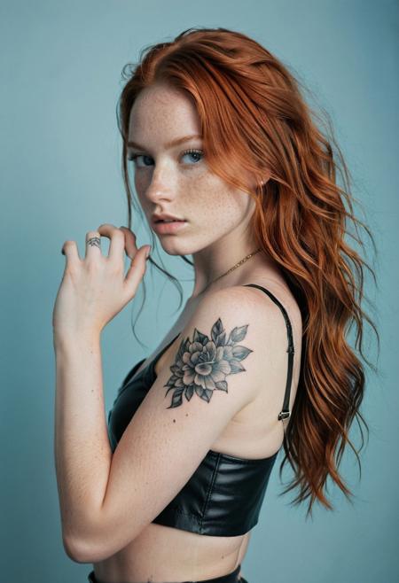 A portrait of a young woman with long, flowing ginger hair and freckles, standing against a soft light blue background. She is wearing a dark brown leather crop top and matching skirt, revealing a section of her toned midriff. Her arms are adorned with intricate black and grey tattoos, including a delicate floral design on her upper arm and a stylized portrait on her forearm. She holds one hand up to her hair, her gaze intense and direct, meeting the viewer's eye. The lighting is high-key and diffused, creating subtle shadows that contour her face and body. The overall mood is edgy and confident, with a touch of vulnerability.
Three-quarter profile
S-curve pose
Muted tones
Shallow depth of field 
Film grain
High-key lighting Style, bright light, ltctr, blue + light contour