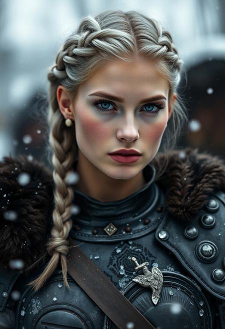 Photo-shoot, of a sexy young beautiful  albino model with Sculpted and graceful body , ( Classic Hollywood makeup style) ( Tight French braid hairstyle , Gunmetal gray hair_color ) (barbarian iron armour) , Blizzard conditions weather , TTL lighting, shot with Sony Alpha A9 Mirrorless camera,  dynamic angle, cinematic, Depth of field, bokeh, best_quality, cinematic, light particles, highly_detailed, very_aesthetic, beautiful_and_aesthetic, top_quality, hyperrealistic, photorealistic, ultra detail, curves, sexy,  Ultra realistic, masterpiece. 8k, HDR,absurd_res, hi_res, detailed face, highly detailed, very aesthetic, Cinematic, absurdres, RAW, source_photo, high quality photography, ,realistic, real life,