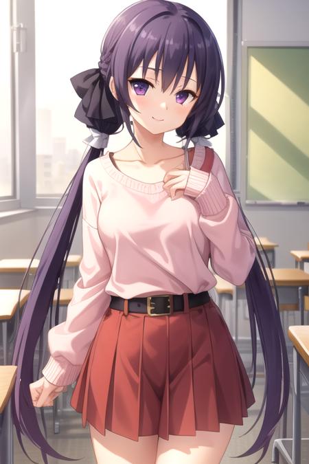 Itsuki Shishi Hime no Mikoto very long hair,purple hair, high twintails,hair ribbon,white ribbon,sidelocks,bangs,purple eyes collarbone,pink sweater,long sleeves,medium breasts,belt,red skirt,bare legs,brown footwear