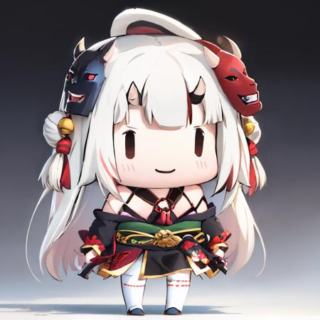 (masterpiece, best quality:1.2), chibi, solo, 1girl, Nakiri Ayame, smile, long hair, double bun, AyameBase, black kimono, hair bell, obi, white thighhighs, bare shoulders, long sleeves, oni mask, mask on head <lora:CHAR-NakiriAyame_v2:0.8> <lora:style_walfie-20:1>