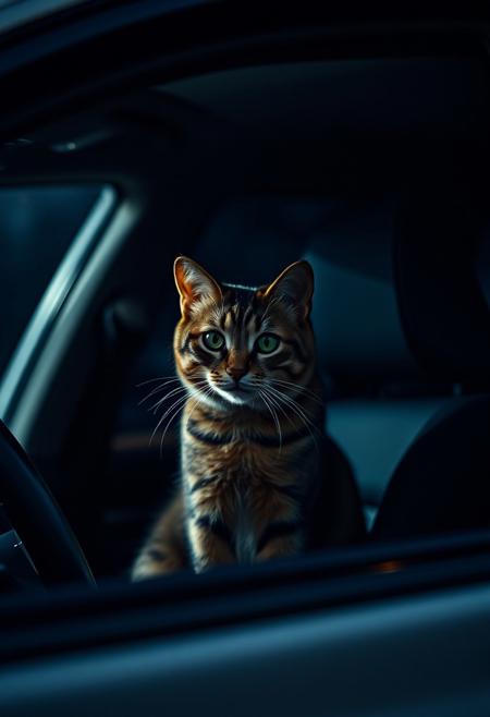 (Soft Lighting Photography by Mimoza Veliu and Mario Giacomelli:1.2), Cinematic photography. A photo-realistic shoot of a cat sit in a car, coopilot chair, inside car, (looking the viewer), dramatic lighting, darkness, reflection,
