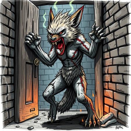 Female animal, covered with fur, anthro furry hyena slams door open, view from other side, berserk mode, in dungeon, brick walls, severe burns all over body, burned fur, in rage, in pain, foam on mouth, child sketch