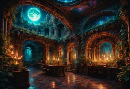 Capture the enchanting beauty of a mystical realm under a starlit sky. Illuminate the scene with (magical:1.3) moonlight, (glowing:1.2) flora, and (ethereal:1.1) creatures. Emphasize the (majestic:1.2) architecture, (intricate:1.3) details, and (vibrant:1.1) colors. Inspired by the works of (Alexandre Deschaumes:1.4) and (J.R.R. Tolkien:1.3). aesthetic