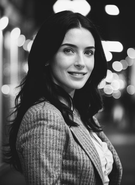 candid RAW close up portrait photo of sks woman in a (purple colored suit:1.0) on a dark street with shopping windows (at night:1.2), bokeh, Ilford Delta 3200 film, dof, high definition, detailed, intricate, flashlight, <lora:locon_bridgetregan_v1_from_v1_64_32:1.25>