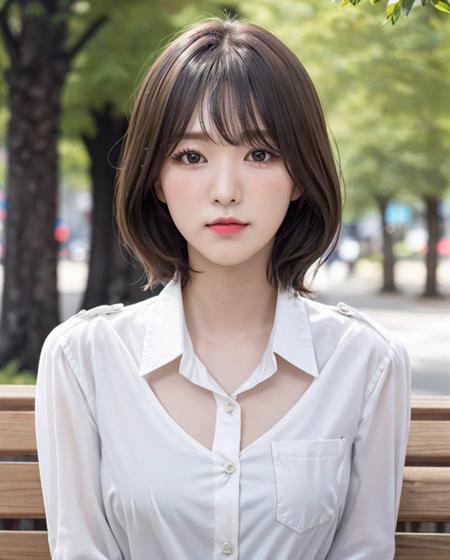 pureerosface_v1, best quality, photorealistic, 8k, high res, full color, 1girl, woman, 20 years old woman, (closed mouth:1.73), (skindentation), (portrait:0.6), trees, park bench, daylight, ((park background:1.52)), full color, ((whitebuttonedshirt:1.58)), looking at viewer:1.8, (1girl eyes looking at viewer:1.55), (medium hair, brownhair, partedbangs:1.45), (bokeh), <lora:AAW-wendy2:0.69>