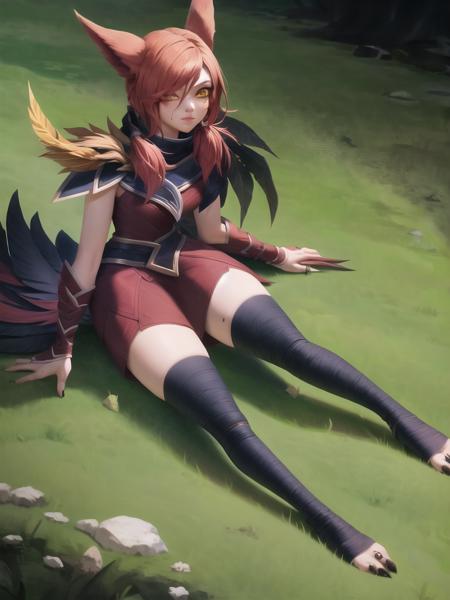 grass, sky, field, xayah, league of legends, 1girl, animal ears, bandaged leg, thighhighs, bandages, belt, bird legs, bird skull, cloak, closed mouth, eyes visible through hair, facial mark, feathers, (hood down:1.5), long hair, yellow eyes, red hair, talons, vambraces, blue capelet, cape, capelet, hair over shoulder, red dress, dress, nose ring, nose piercing <lora:xayah-000030:1>