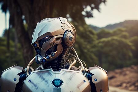 +dvMech style, sleek body armor, mecha soldier, portrait, 85mm, f1.8, close up, photo realistic, jungle background, dramatic sunset lighting, shadows, subtle details, diffusion, highlight blooming, low contrast, desaturated