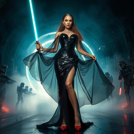 slender arrogant cold femme fatal russian princess wearing black glossy foil corset victorian  gown with high slit puffy full skirt , small size opulent glossy red  high heels, ultrathin black transparent slime cloak, jewels, elegant small light saber in her right hand, lifting her skirts with left hand, posing standing, view from below,  evil grin, green eyes, lipstick, giant portal to outer space, fog from the floor, empire spaceship hangar, surrounded by halo odst troopers, TIE spaceships at the background, fashion look, hollywood, vogue makeup, porcelain skin, long haired, ultrathin waisym reminiscent of Lucas, Spielberg styles, with close-up glamour photography and dramatic lighting view from below,