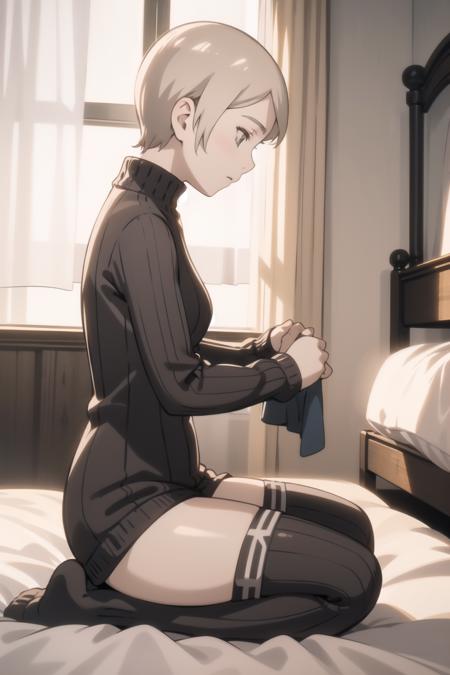 <lora:tatiana-000025:1> tatiana wisla, ribbed sweater, thighhighs,
1girl, from side, seiza, folding clothes, bedroom