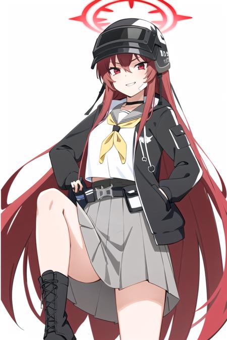 komakaze rabu, 1girl, solo, looking at viewer, smile, simple background, red eyes, hair between eyes, very long hair, school uniform, red hair, pleated skirt, boots, choker, belt, black jacket, halo, helmet, bandaid, yellow neckerchief, belt pouch, <lora:Komakaze Rabu-000015:0.8>