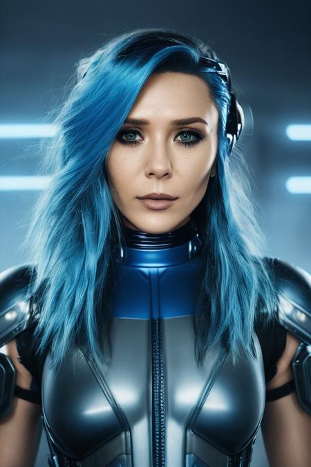 waist up portrait photo, (elizolsen), blue (mohawk haircut:1.2),  cyberpunk, futuristic, (cyberpunk bodysuit:1.3), 8k uhd, RAW photography, <lyco:ElizabethOlsenDogu:1>