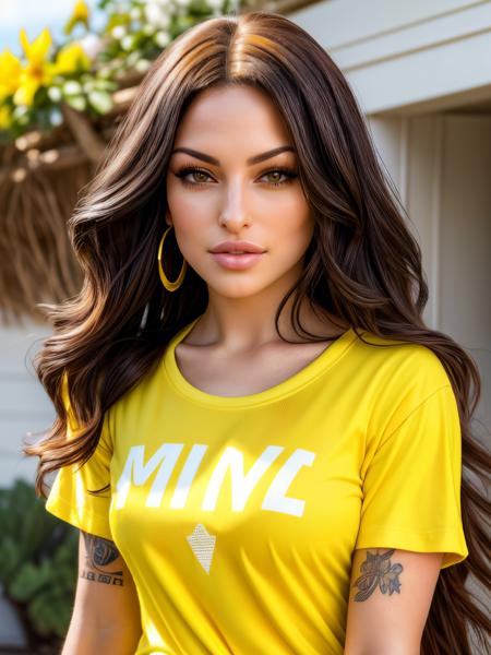 closeup headshot, RAW photo of a beautiful woman with long dark hair [kissins:10] ((wearing a yellow t-shirt:1.2)), bright sunny day, <lora:add_detail:0.7>, <lora:epiCRealismHelper:0.7>