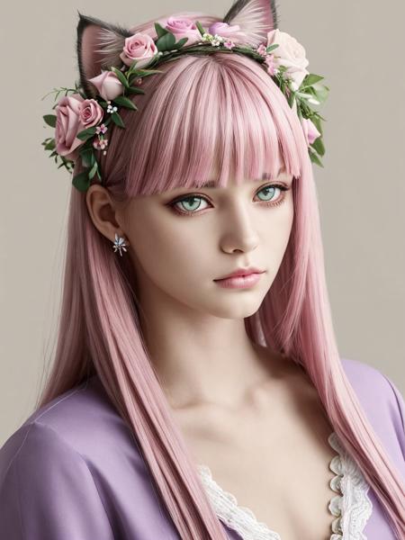 , mammal, anthro, hair, goat, female, plant, whiskers, purple eyes, flower, fur, clothing, feline, simple background, hair accessory, ambiguous gender, piercing, looking at viewer, felid, clothed, pink nose, ear piercing, flower in hair, lepidopteran, floral, accessory, felis, domestic cat, white body, solo, butterfly, pink hair, flower crown