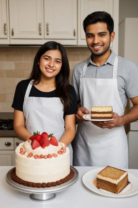 Cheerful young woman and man  presenting a delicious cake. "Isolated on white background", "wide shot", apron, sri lankan, uncropped, looking at the cake, holding a cake