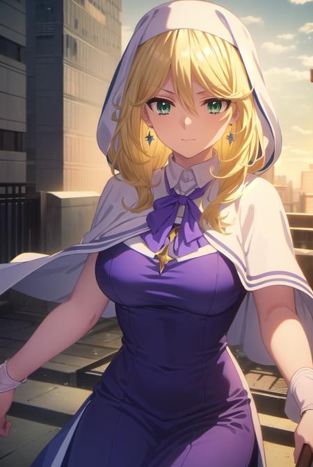 sharonholygrail, <lora:sharon holygrail s1-lora-nochekaiser:1>,
sharon holygrail, long hair, blonde hair, hair between eyes, (green eyes:1.3), smirk
BREAK bow, jewelry, earrings, bowtie, necklace, purple bow, nun, habit, purple bowtie, capelet, white capelet,
BREAK outdoors, city, sky, sun, clouds, crowd, people, 
BREAK looking at viewer, (cowboy shot:1.5),
BREAK <lyco:GoodHands-beta2:1>, (masterpiece:1.2), best quality, high resolution, unity 8k wallpaper, (illustration:0.8), (beautiful detailed eyes:1.6), extremely detailed face, perfect lighting, extremely detailed CG, (perfect hands, perfect anatomy),