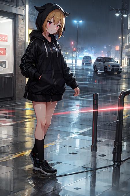 tsubasa ibuki \(million live\),(best quality, 8K, masterpiece, HDR, ultra detailed:1.2),cinematic angle,
wide shot,depth of field,
1girl,solo,shiny skin,
winter coat,hood,hoodie,hood down,cyberpunk,reflective floor,dark theme,LED,neon lights,streets,building,ad, night, rain, wet clothes, wet floor,